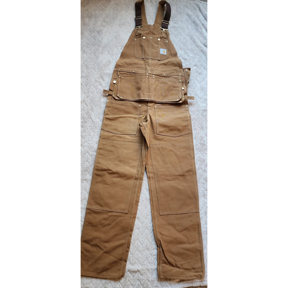 Vintage Carhartt 100 Year Anniversary Brown Duck Carpenter Bib Overalls 32x34 - Picture 2 of 9
